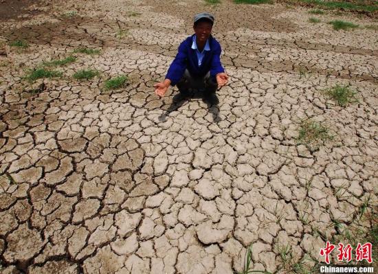 资料图：5月20日，江西省九江县城子镇，一农民蹲在因干旱无法栽种的稻田上。胡国林 摄
