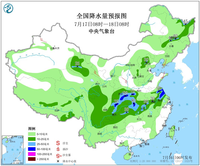 2019年07月16日:未来三天全国天气预报