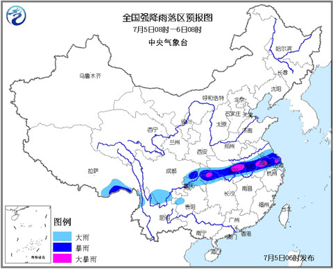 暴雨蓝色预警：江苏安徽湖北等地有大暴雨