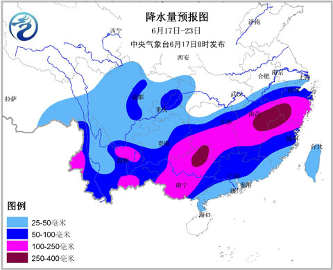 降水量预报图（6月17日至23日）