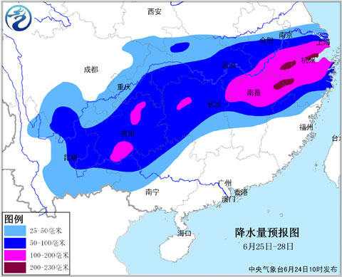 强降雨落区预报图（6月25日至28日）