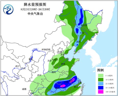 旱区降雨量预报图（8月23日20时-26日20时）