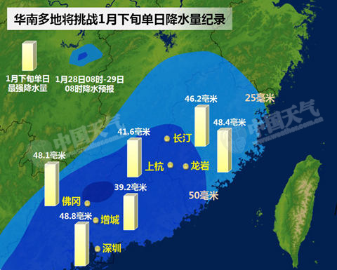 华南多地雨量挑战1月极值 华北黄淮霾散