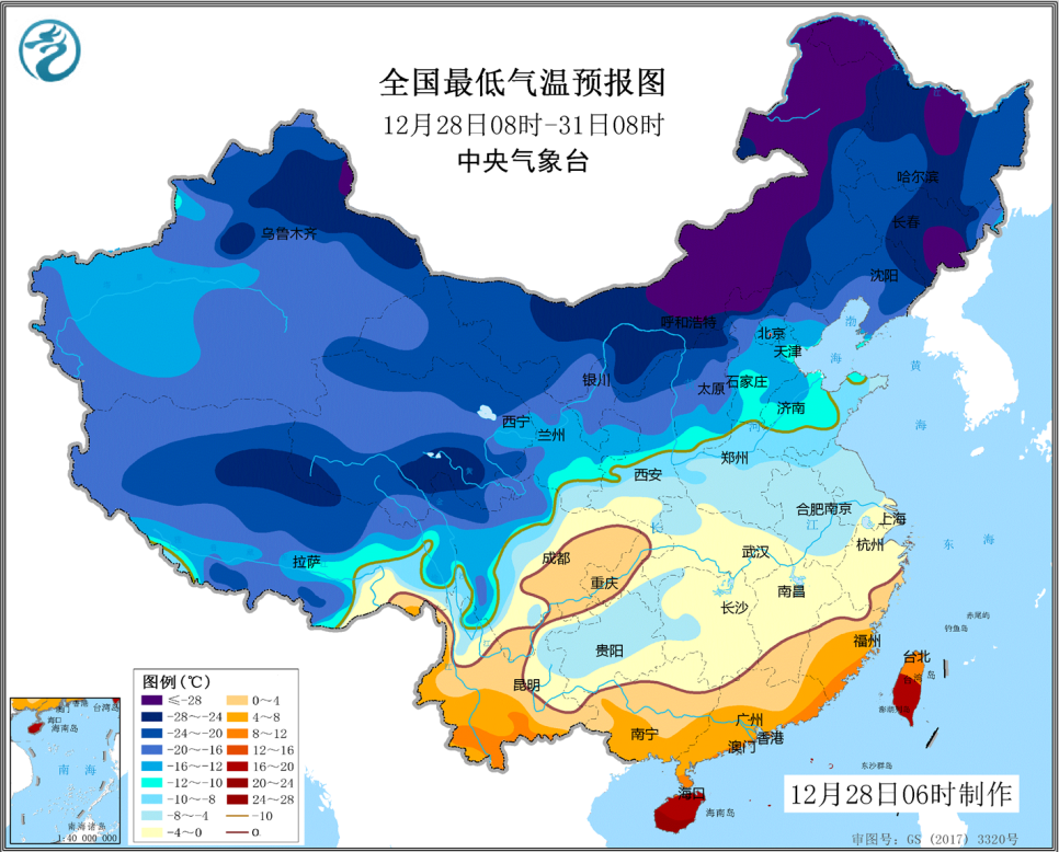 2018年12月28日:未来三天全国天气预报